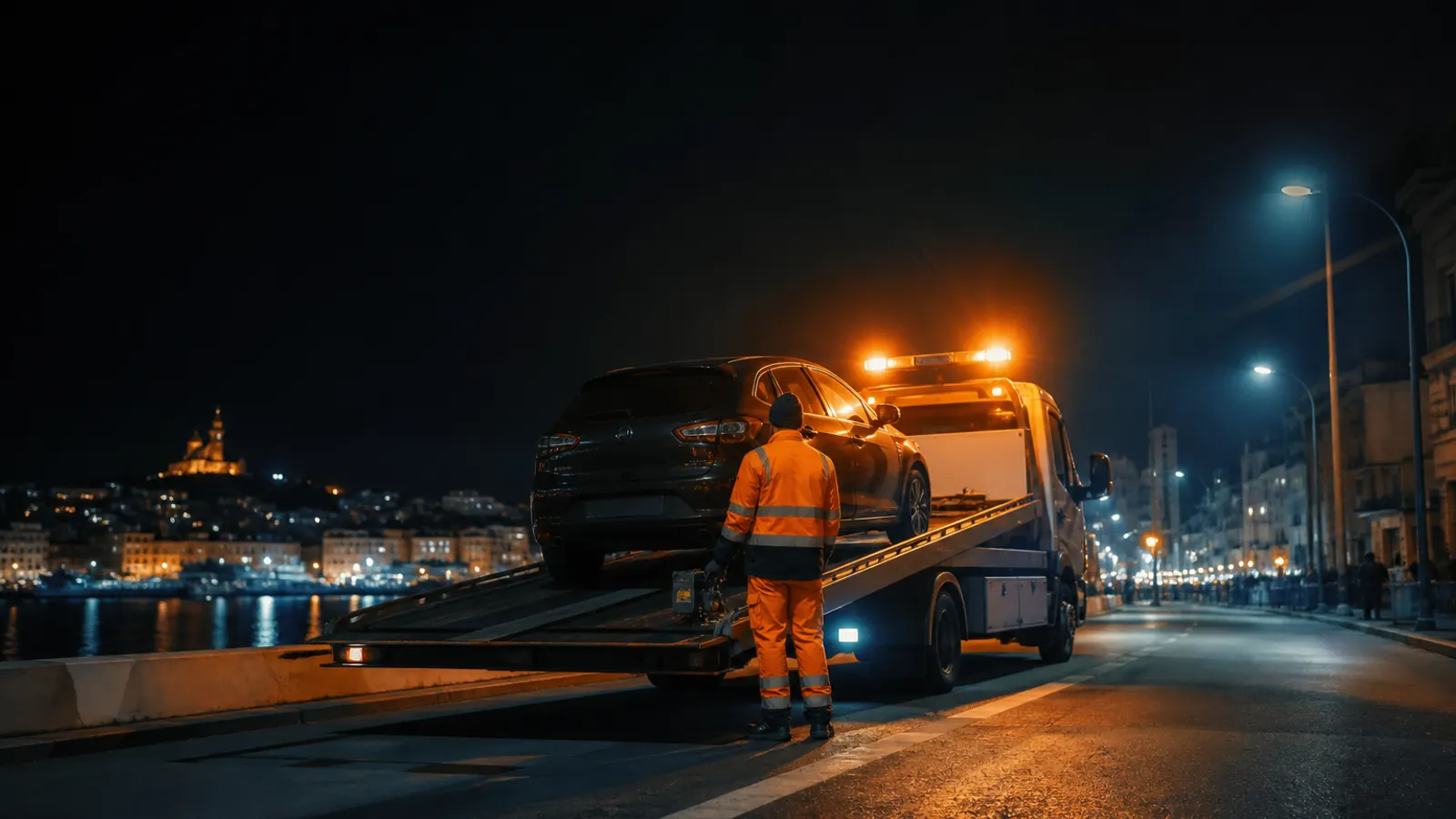 Dépannage auto de nuit à Marseille : dépanneuse et balises orange sur bas-côté urbain